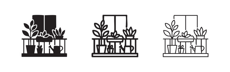 Balcony Garden Icon Set with Potted Plants and Watering Can © liubomir118809