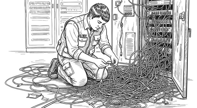 IT Technician Fixing Messy Server Room Cables