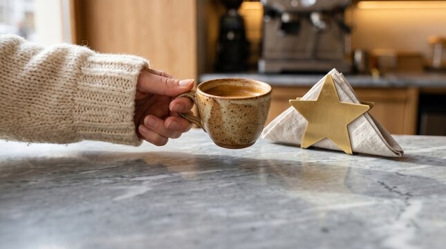 Cozy winter morning in a cafe with a hand in a chunky knit sweater holding a ceramic cup of fresh espresso on a marble countertop