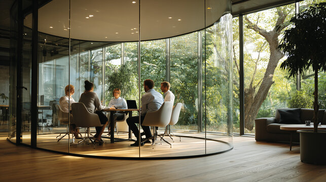  Team brainstorming inside a modern glass office meeting room
