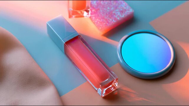 Lip gloss tube with orange tint, pink glitter cube, and round blue mirror on pastel background, showcasing vibrant colors and textures in a beauty product arrangement