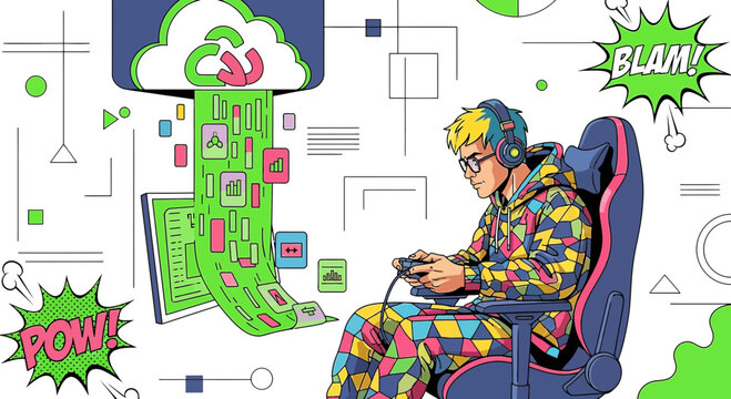 Gamer plays video games on cloud, digital data streaming, pop art style