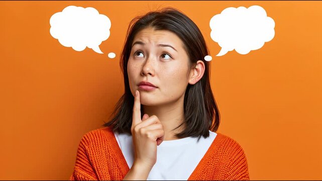 Asian woman in orange sweater contemplates with finger on chin, thinking deeply as thought bubbles appear above her head against a vibrant orange background