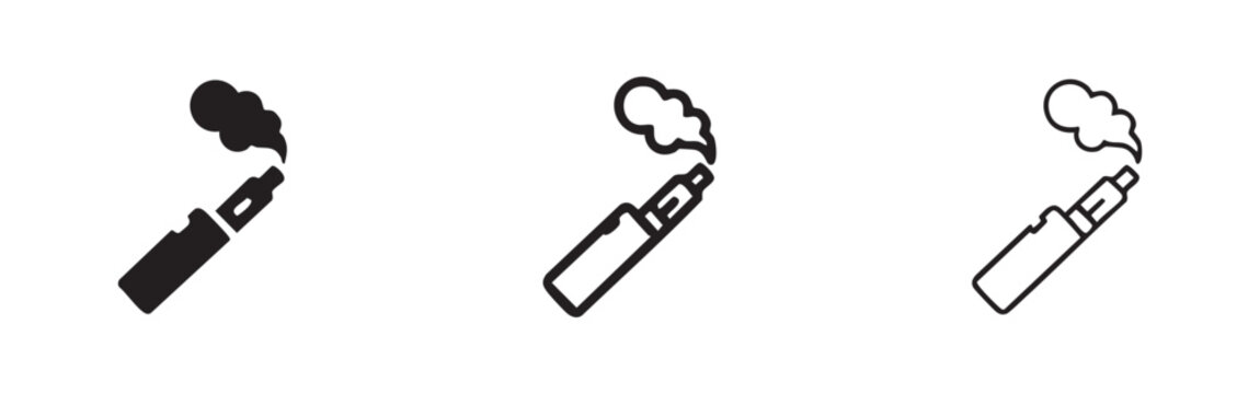 Vaping device icon set with various styles, including solid, outline, and hand-drawn, representing e-cigarettes.
