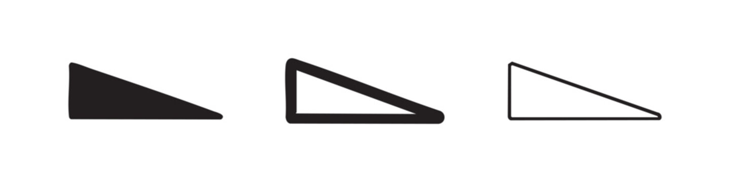 Right triangle icon set in solid, outline, and hand-drawn styles, a basic geometric shape for design.
