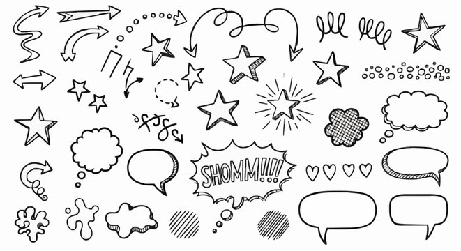 Creative hand drawn doodle pack, arrows, stars, speech bubbles, abstract decorations, black outline vector set