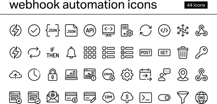 Webhook Automation Icon Set With Outline API Integration Workflow Trigger And System Management Symbols For Web Apps