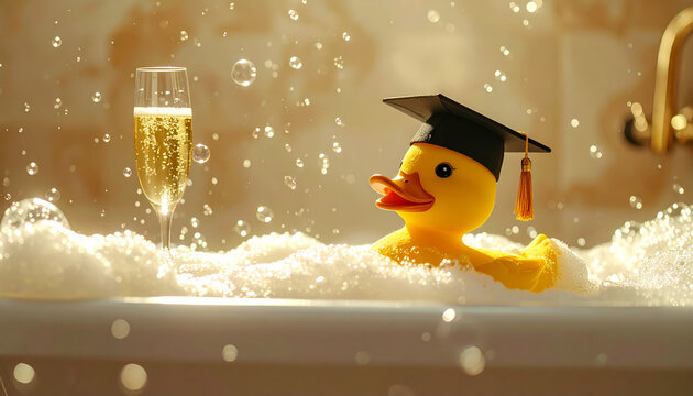 A festive yellow rubber duck wearing a graduation cap celebrates achievement with champagne and bubbles in a warm bath.