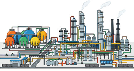 Fototapeta premium The industrial complex with towers and pipes is emitting smoke.