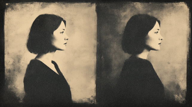 
Stagnation &mdash; Identical Twin Female Profiles in Vintage Black and White Diptych Depicting Repetition, Stagnation and Frozen Time