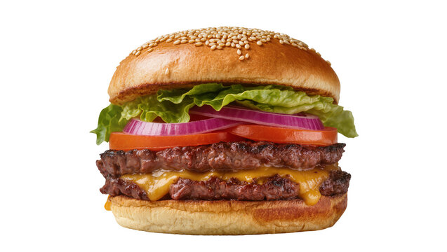Double cheeseburger with lettuce tomato, and red onion on sesame seed bun
