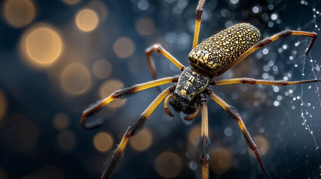 Macro shot of a golden orb weaver spider on its web with glowing golden bokeh lights background, professional commercial stock photography