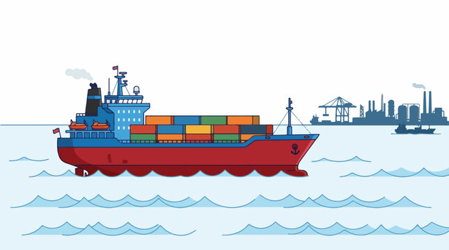 Large cargo ship transporting colorful containers across calm waters near industrial port