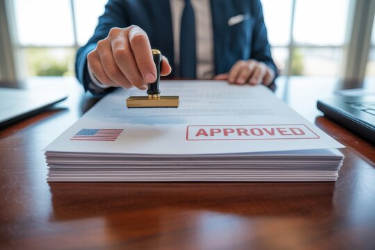 A person in business attire is stamping approved on documents with a gold stamp on a wooden desk indoors.