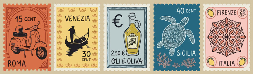 Fototapeta premium Summer Italy. Amalfi. Vector illustration of postage stamps with image of blue Italian Mediterranean tiles, wine, lobster on a plate, sardines can, sea shell, drawing for poster, placard or print.