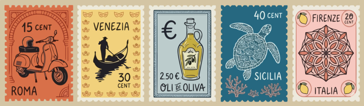 Summer Italy. Amalfi. Vector illustration of postage stamps with image of blue Italian Mediterranean tiles, wine, lobster on a plate, sardines can, sea shell, drawing for poster, placard or print.