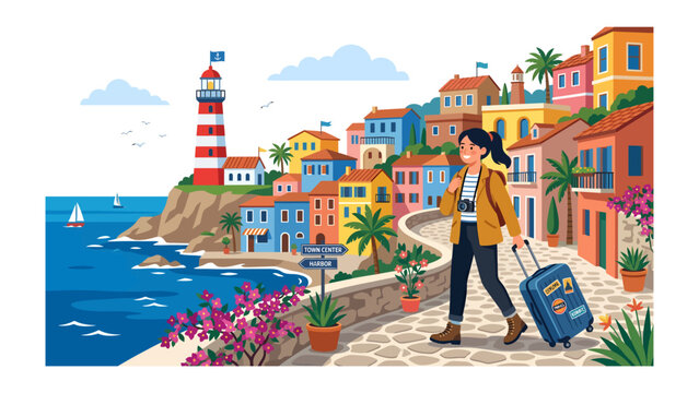 Coastal Vacation Paradise: A vibrant illustration depicts a lone traveler pulling a suitcase and holding a camera, walking along a scenic coastal path overlooking colorful buildings, a lighthouse.