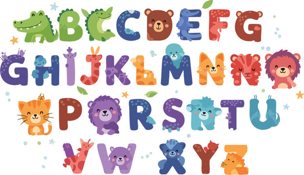 Colorful alphabet abc eps illustration features various animals and letters