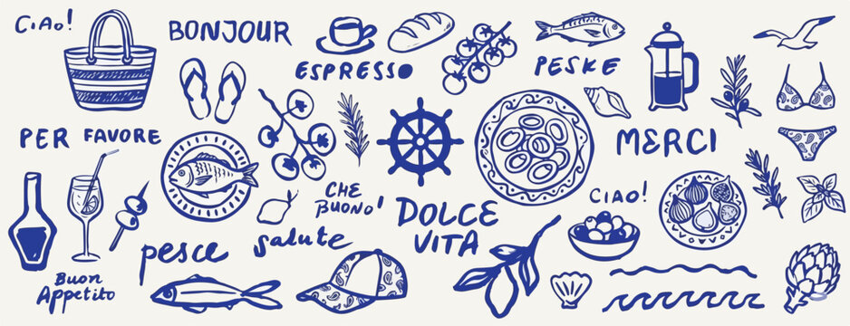 Italian style vacation hand drawn vector illustrations in grunge chalk or charcoal rough doodle sketch style. Summer vacation elements for poster, placard or menu prints and decoration with lettering