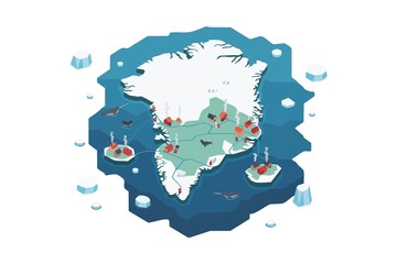 Stylized isometric map of Greenland featuring icy terrain, remote villages, whales, icebergs, and Arctic wildlife in a clean flat illustration style. © Umm Hamzah
