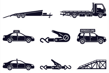 Collection of blackline vehicle icons featuring tow trucks flatbeds oversizedload signs crane trucks and taxis for transportation industry branding materials © Vector Classic 