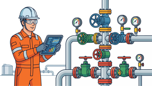 A worker in an orange jumpsuit examines industrial pipes and valves with a tablet.