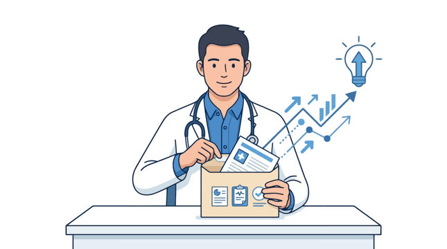 Doctor presenting medical data and growth chart with idea bulb. EPS Editable. Vector Illustrations.