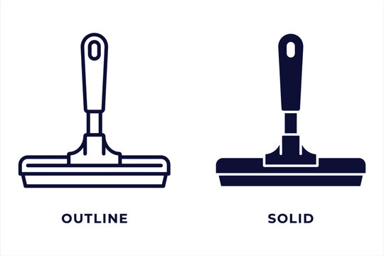 Comparison vector illustrations showing outline versus solid fill design of mop and bucket tools in clean monochrome style ideal for branding and instructional materials