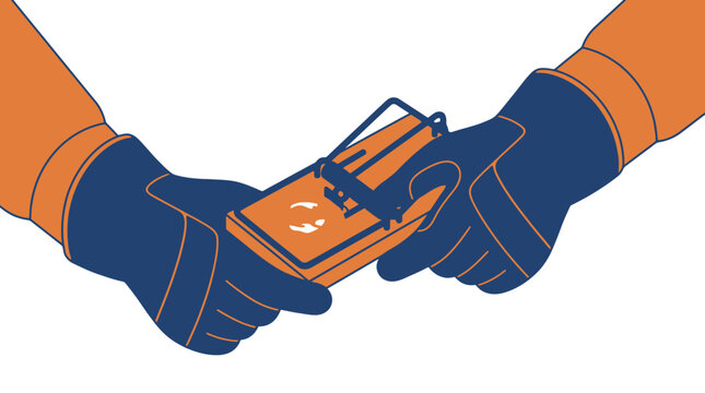 Hands in work gloves setting a wooden mousetrap with bait. EPS Editable. Vector Illustrations.