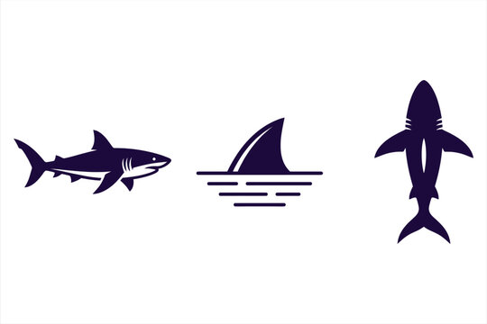 Iconic monochromatic shark logo set featuring great white shark silhouette, fin, and side profile against clean white background