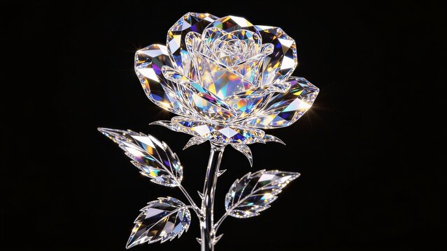 Beautiful holographic iridescent clear crystal glass rose with stem and leaves, diamond-cut gem-textured faceted petals, against pure black background, fantastical jewel flower concept