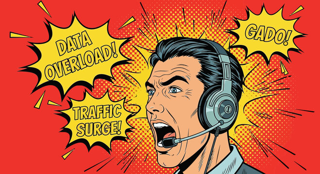 Frustrated Call Center Agent Yelling Data Overload, Traffic Surge, Gado! Pop Art