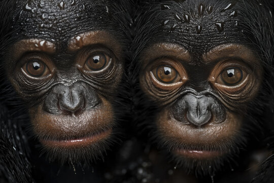 animals by ai, apes portrait, bonobo babys looking into camera, closeup, rain on their faces and on their fur, photorealistic