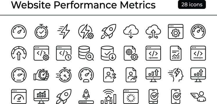 Website Performance Metrics Icon Set With Outline Speed Optimization Analytics And Monitoring Symbols For Web App Design