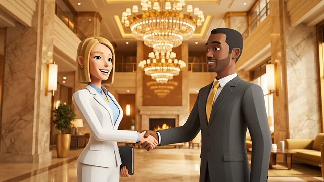 Business partners shaking hands in a luxurious office lobby after signing a deal