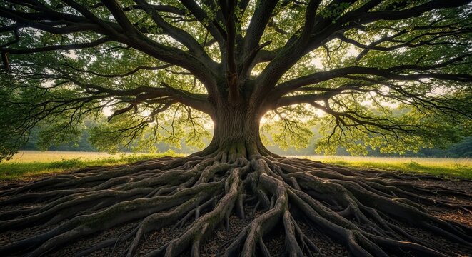 Majestic Ancient Oak Tree with Sprawling Exposed Roots in Golden Sunlight