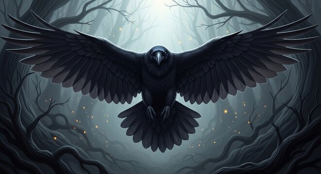 Majestic black crow flying with open wings in a dark, mystical forest with glowing embers.