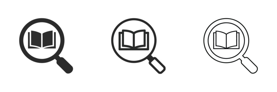 Magnifying Glass over Book Icon Set, research, education and search symbols, vector illustration for study, knowledge discovery and library information systems design.