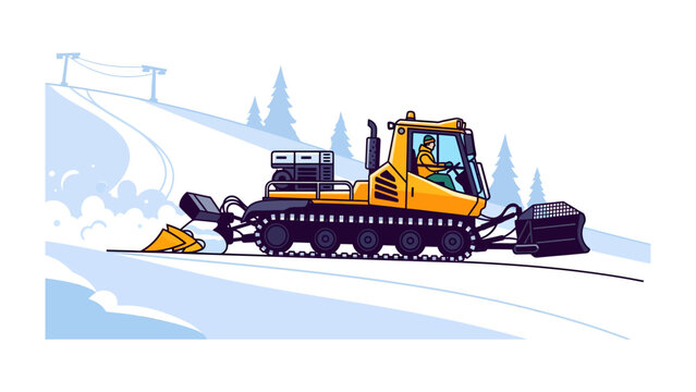 Snow Groomer in Action: A bright yellow snow groomer meticulously carves a path on a snowy slope, with evergreen trees and power lines visible in the background.