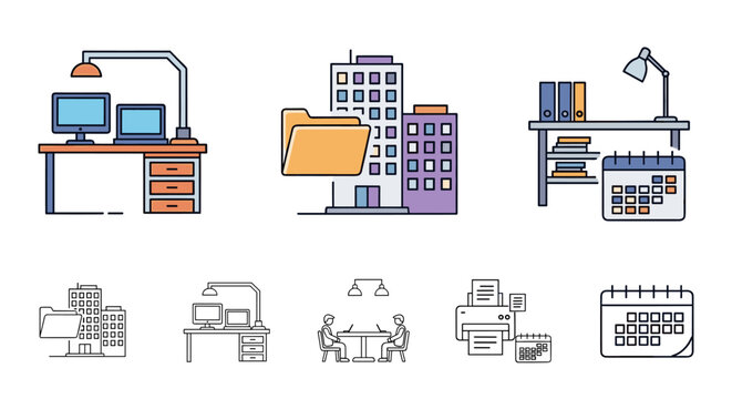 Collection of Business Office Workstation Icons Computer Desk Setup Document Folder Archive Calendar Planning Meeting Room and Printer Device Representation for Corporate Digital Assets