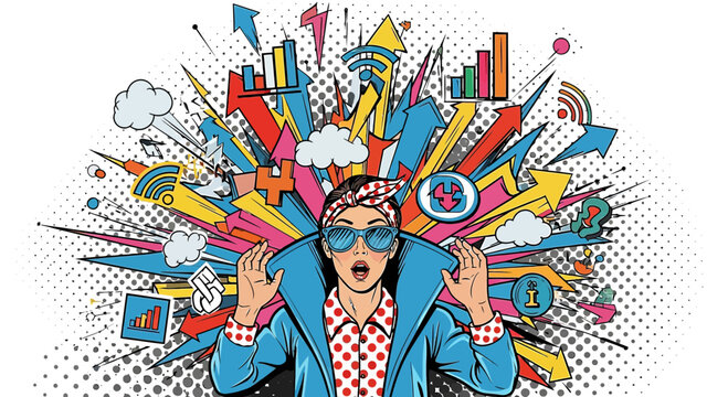 Energetic Woman with Information Overload and Ideas Exploding from Head