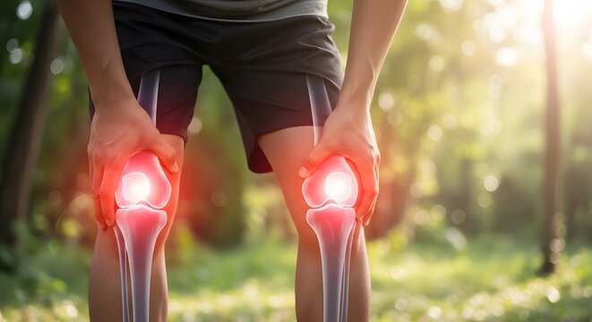 Glowing knee skeletons highlighting severe joint pain. Outdoor running injury and osteoarthritis diagnosis. Male runner holding painful knees in a sunny park environment.