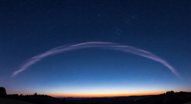 Stunning Night Sky Panorama with Glowing Atmospheric Arc and Starry Background over Silhouetted Hills at Twilight