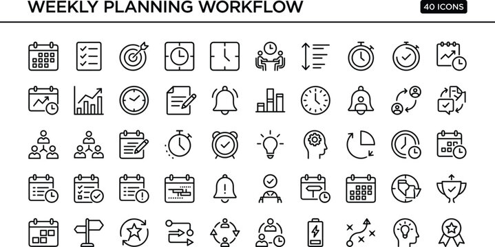 Weekly Planning Workflow Icon Set With Outline Calendar Task Schedule And Productivity Symbols For Business Apps