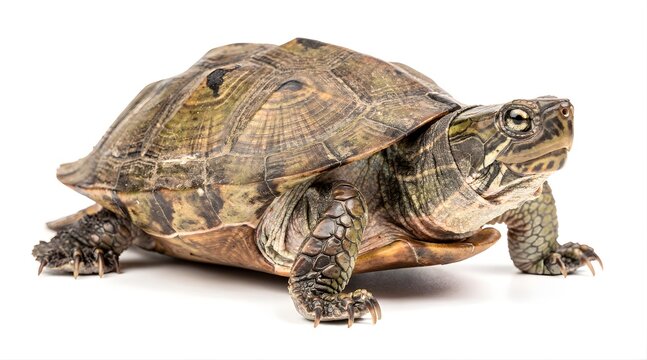 Closeup studio shot of a turtle with a patterned shell.