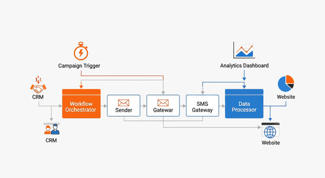 Digital Workflow Automation System Iconography with CRM and Data Analysis