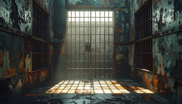 Abandoned prison cell with barred windows.