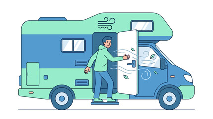 Fototapeta premium Illustration of a person entering a modern recreational vehicle camper van. EPS Editable. Vector Illustrations.
