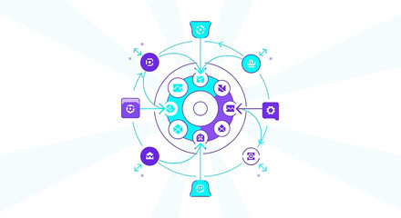 Naklejka premium Abstract Network Hub with Connected Icons and Arrows, Digital Flow