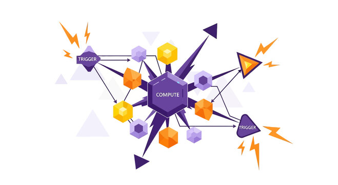 Abstract network flow chart with data connections and compute nodes